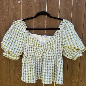 English Factory Green Gingham Bubble Sleeve Top 🌿 Smocked Back